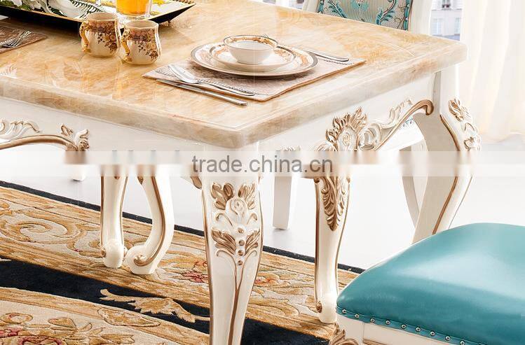 New classic golden flower carving marble top dining table set
