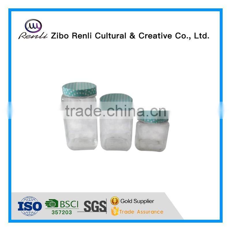 Set 3 Clear Square Glass Storage Jars with Metal Screw Top Lid