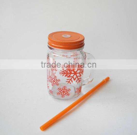 hot sale snowflake surface handling glass cold drink jar with straw