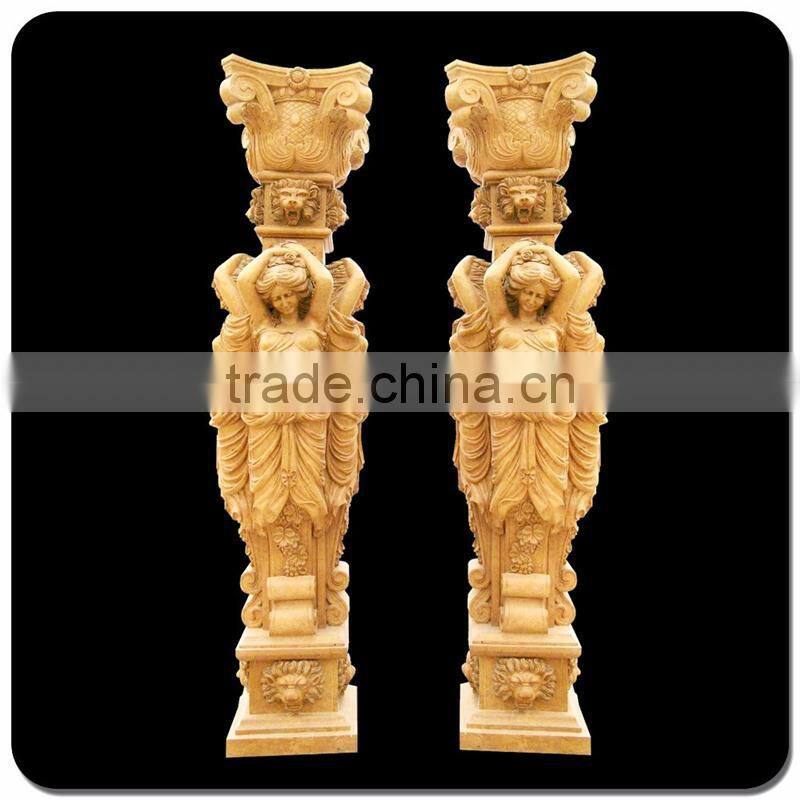 Western marble column antique yellow marble stone pillar with statue