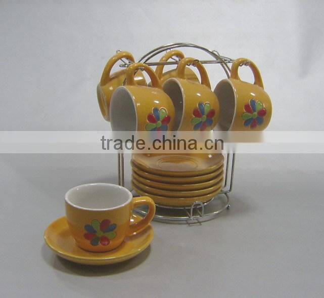 Colorful flower design ceramic stackable coffee mugs with rack