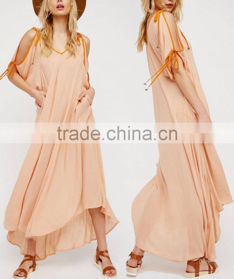 Summer Beach Flowy Effortless Sexy Ladies Nighty Maxi Dress With Cutout Shoulder HSD5948