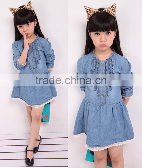 Fashion Kids Denim Blue Flower Lace Single-breasted Long Sleeve Girls Formal Dresses 20009