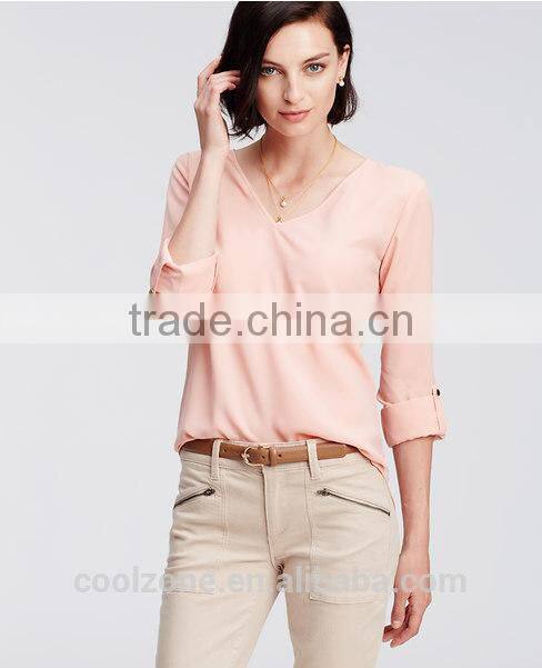 New fashion high quality crepe v neck long sleeve woman blouse