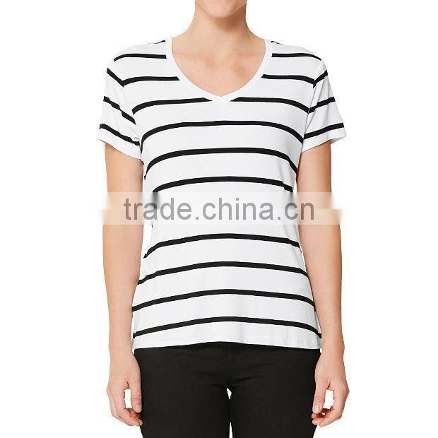 Fashion bulk blank striped t shirts women v-neck t-shirts