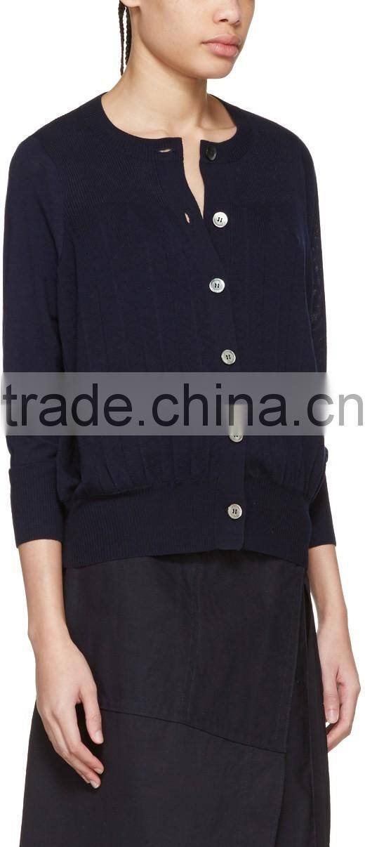 High Quality Long Sleeve Pleated Knit Wool Cardigan with Buttons Closure at Front