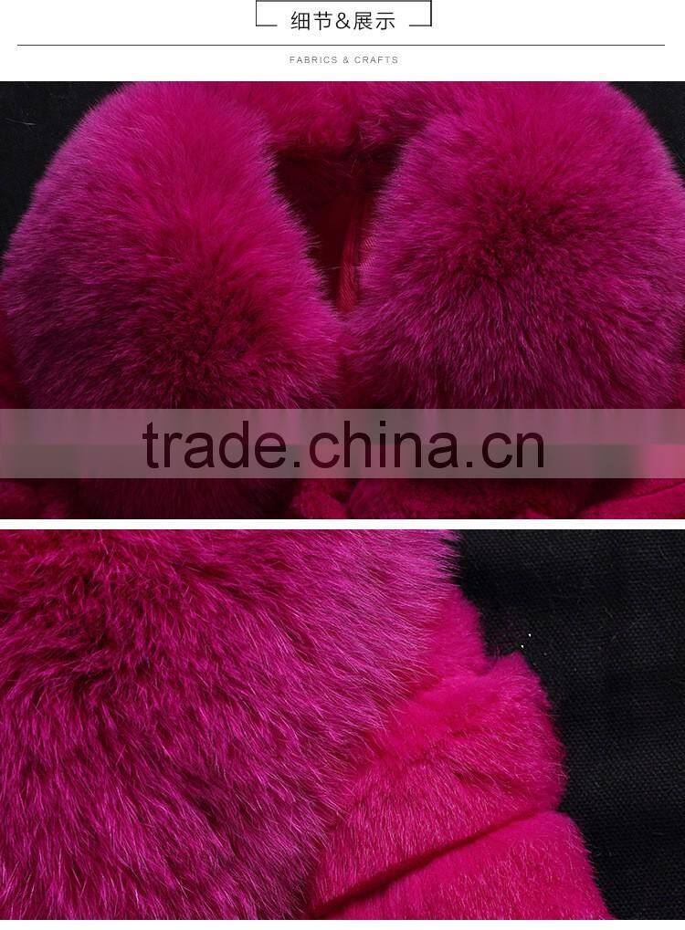 2017 real animal fur woman overcoat knit Rex rabbit fur with fox fur collar