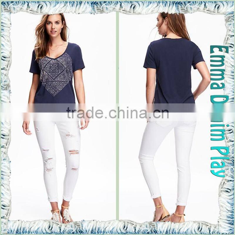 2016 New Designs Wide Open Neck Blue Printing Cotton T Shirts for Sexy Womens