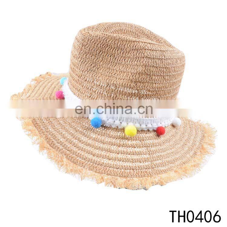 Wholesale summer stylish natural 100% paper women panama hat with headband pompom
