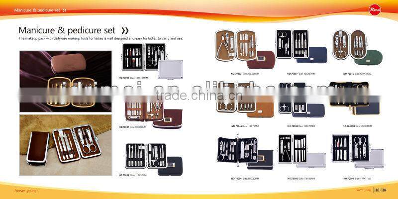 Travel manicure set in hard, purple leopard print case Vintage unused Hong Kong manicure set