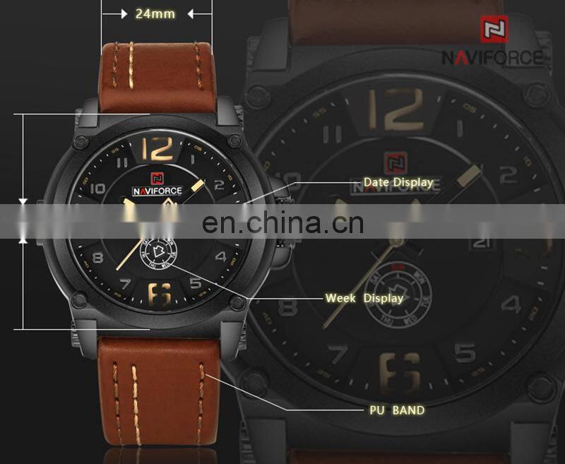 NAVIFORCE 9099 Luxury Men Military Sports Quartz Watches 30M Waterproof Leather Band Wristwatch 3D Dial Creative Calendar Clock