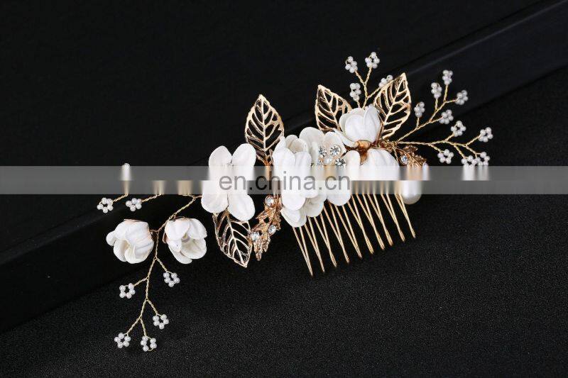 Luxury Blue Flower Hair Combs Headdress Prom Bridal Wedding Hair Accessories Gold Leaves Hair Jewelry