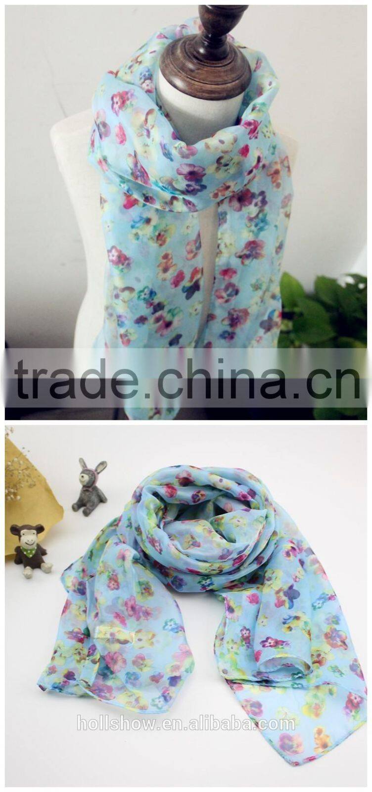 Hot Selling Charm Beautiful Small Flower Printed Polyester Long Fashion Girls Scarf
