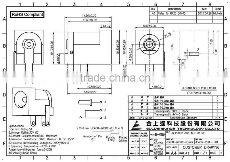 DC Power Jack Connector DIP 90