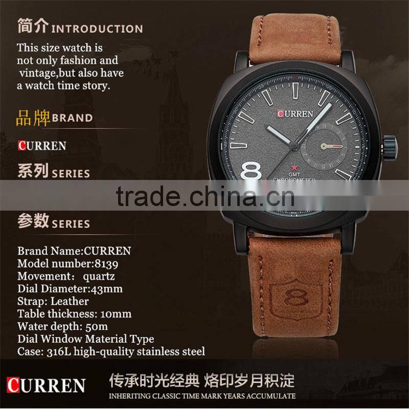 2015 waterproof Sport style Man original Curren watches Luxury Band Leather Strap quartz Clock 43mm Dial Vintage
