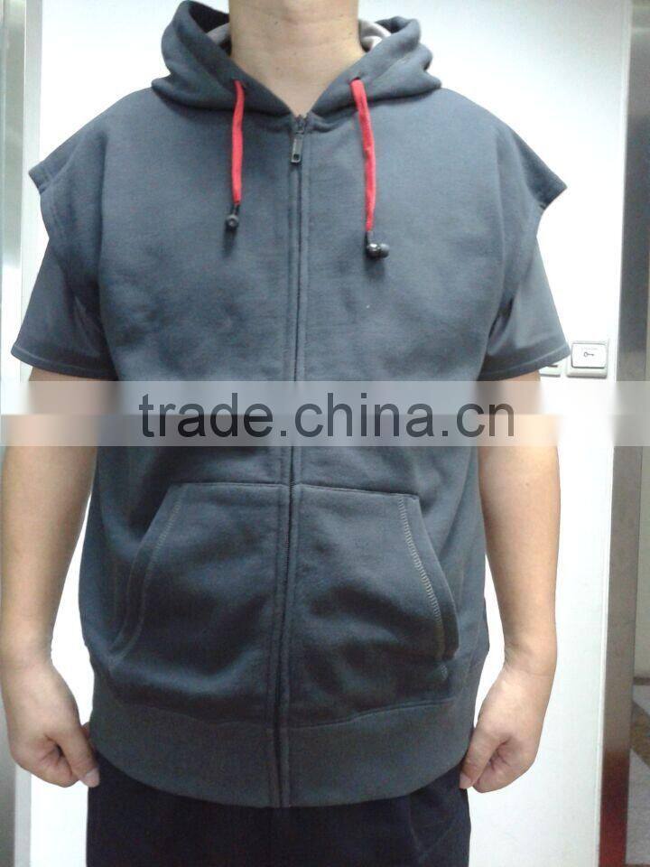 mens 100% cotton plain sleeveless hoodie with earphone