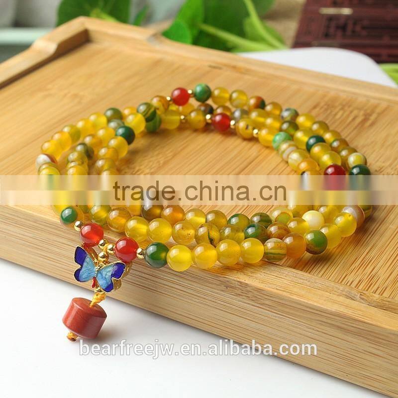 Bear Free Jewelry Multilayer Tibetan Natural Yellow and Green Agate Mala Bead Prayer Wrap Bracelet Necklace