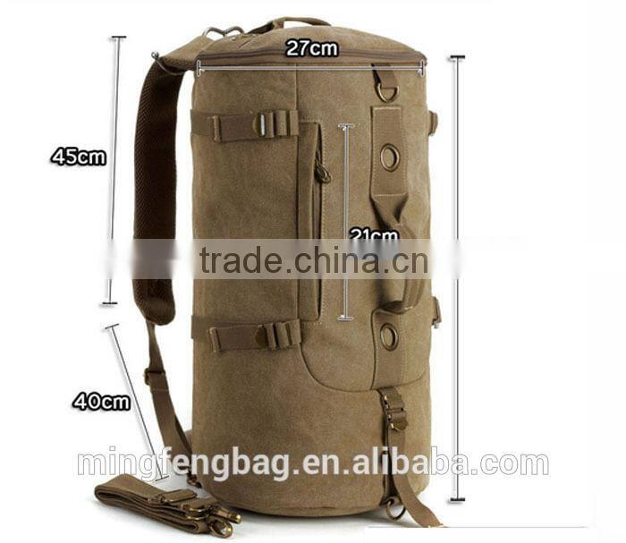 Men Vintage Canvas Leather Hiking Travel Cylinder Messenger Tote Bag Backpack