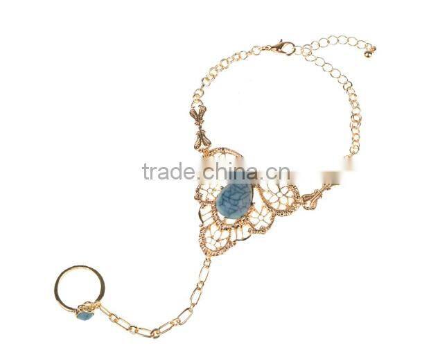 Womens Gold Slave Chain Finger Ring Bangle Hand Harness Bracelet Turquoise Beads