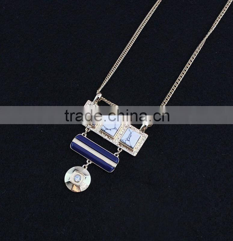 Exaggerated Necklace Jewelry 3 Square Linked Turquoise Handset Arts 2 Color Stone Pendant Necklaces