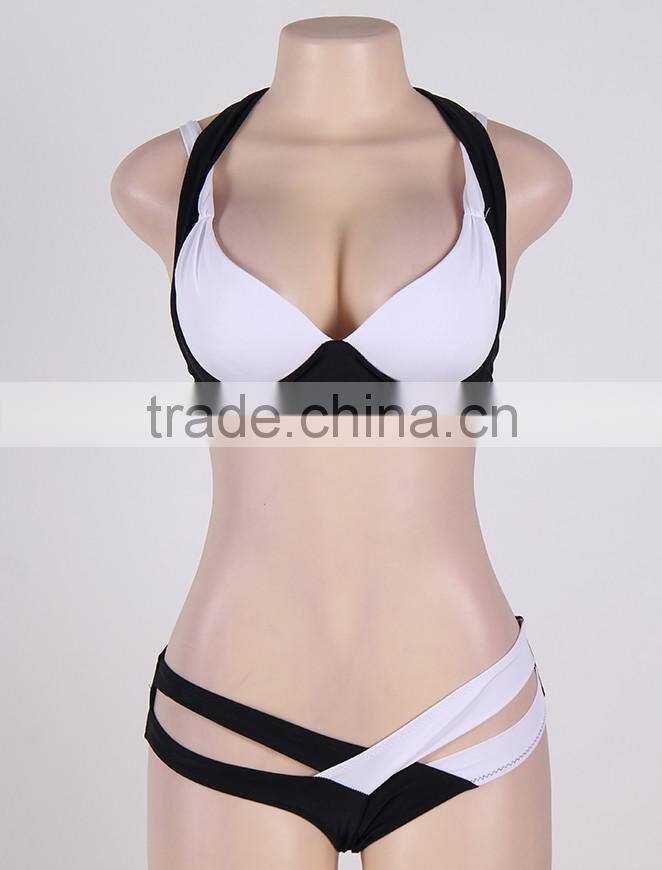Latest Fashion 5 Colors Full Size Black And White Cross Strap Halter Bikini Swimwear 2016