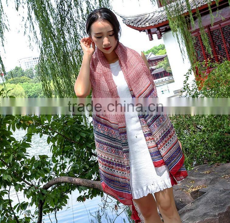 Large Fashion Girls Women Shawls and Stoles Scarf Wraps 100% Cotton Voile Hyacinthus Orientalis Pattern with Tassels Design