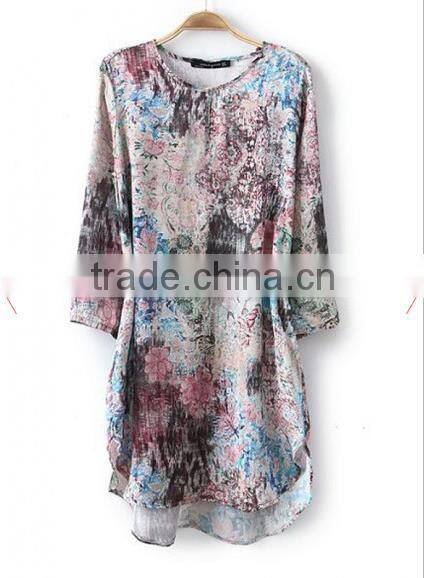Multicolor Flowers Round Neck Above Knee Blend Dress