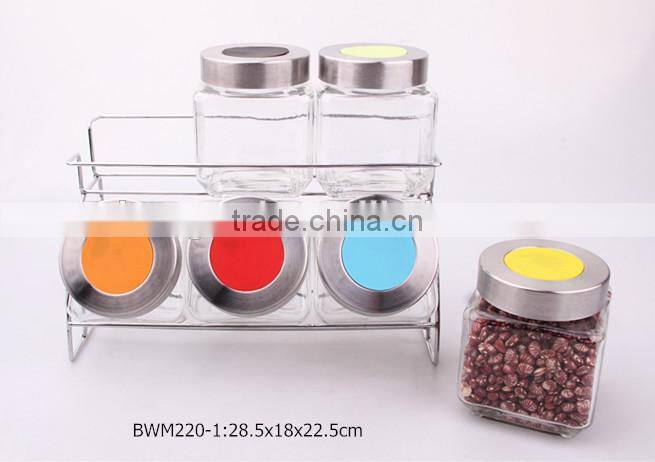 6pcs clear square glass jar set in a silver rack