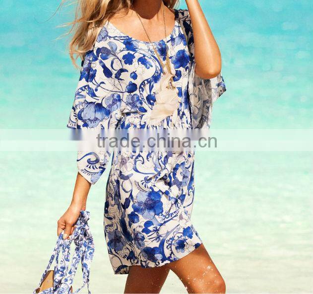 Womens Fashion Blue White Porcelain Beach Dress Vintage Retro Fashion Casual Swimsuit Bikini Cover Skirt