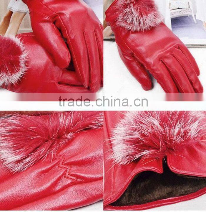 New Hot Fashion Ladys Womens Gloves PU Leather Cute Rabbit Fur Ball Warm Winter Gloves Mittens