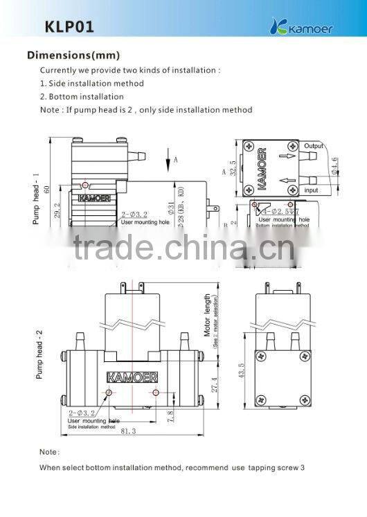 12v Two heads Brush motor Kamoer diaphragm Pump (KLP01)
