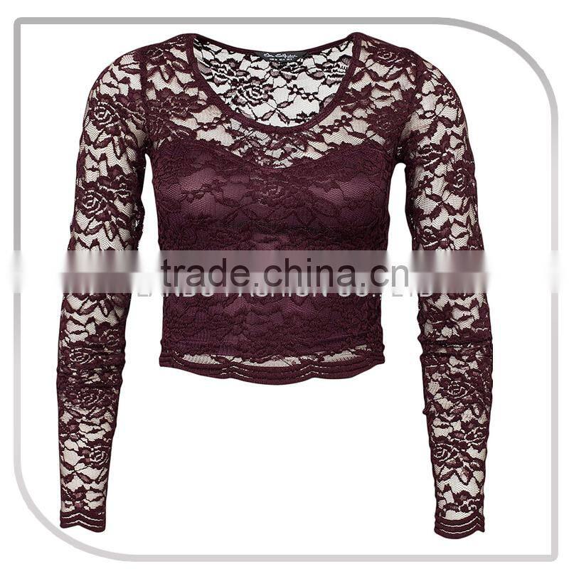 Sexy Women Red Wine Color with Sweet Heart Long Sleeve Lace Tops