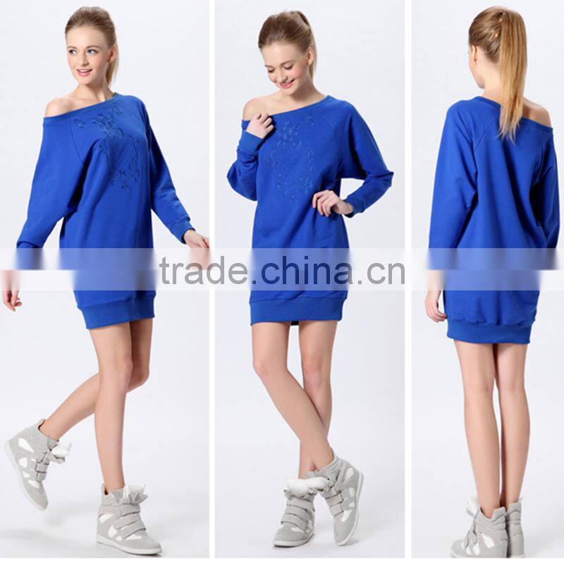 Custom nice embroidered french terry long sleeve casualone shoulder dress fashion for ladies