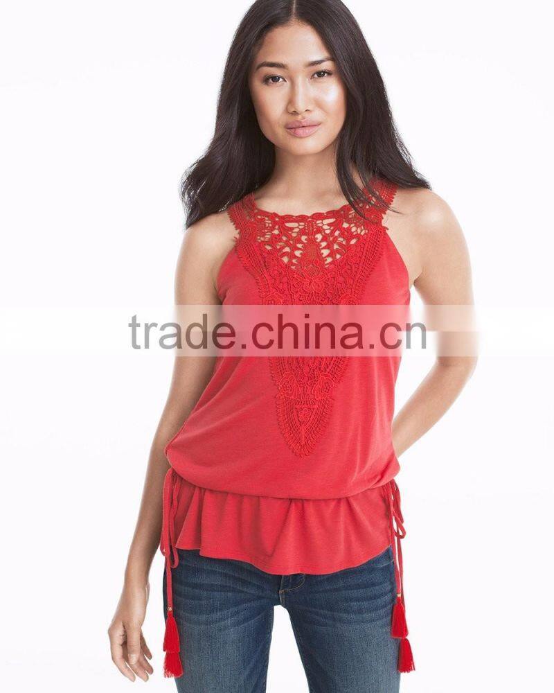 MGOO Hot Selling Girls Sexy Sleeveless Top Sewn with Lace Modern Women Fashion Tops