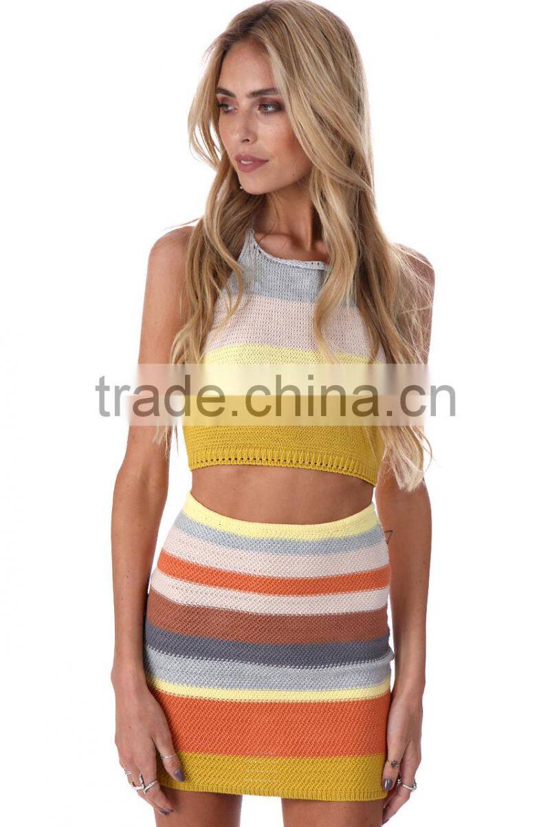 Runwaylover 101 2017 Women Elegant Suits , Women Sexy Knitted Crop Tops And Mini Skirt