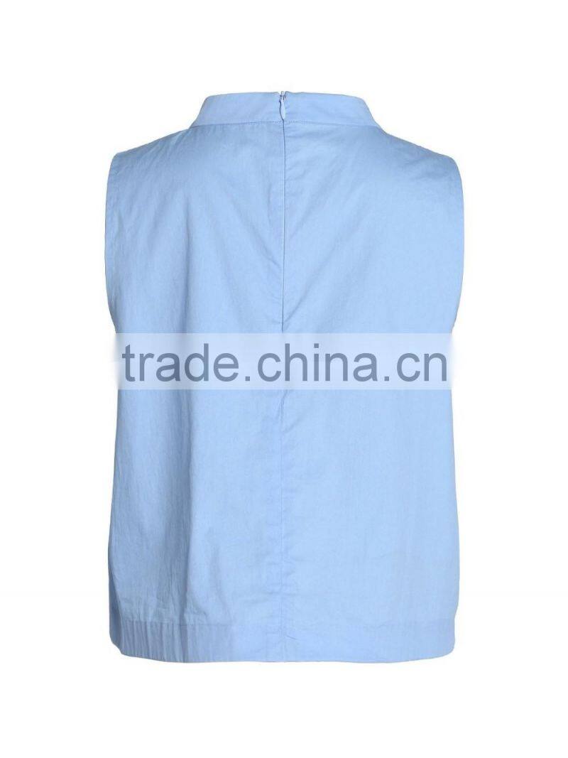 Ladies office sleeveless cotton blue O-neck blouse/shirt tops with back zipper-up