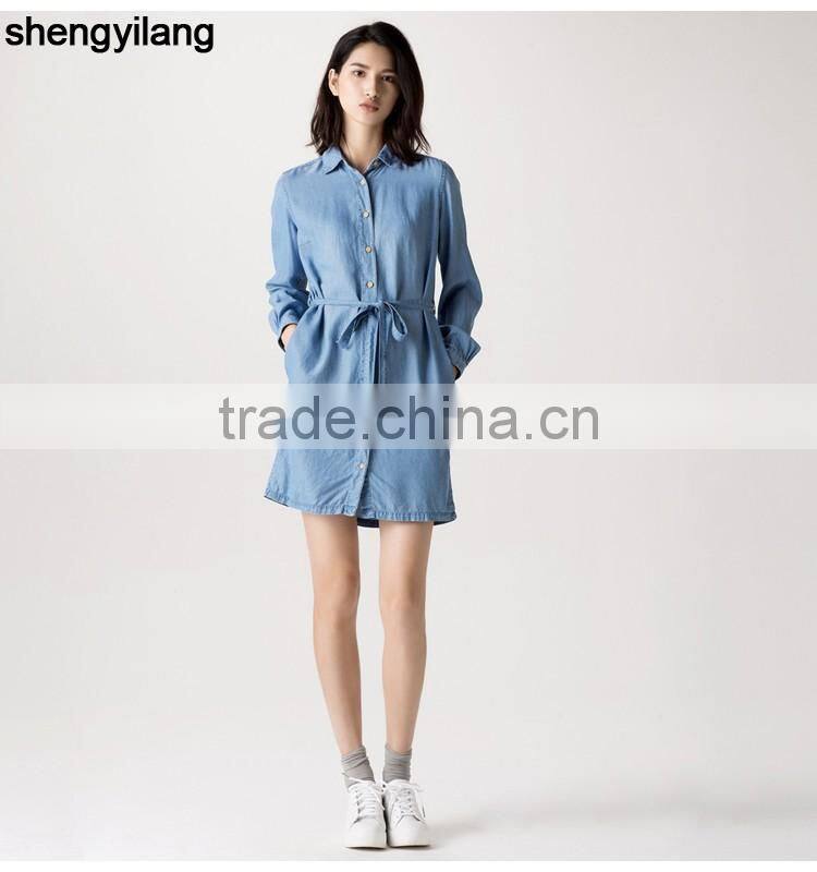 stylish leisure long sleeve denim jeans dress with waistband