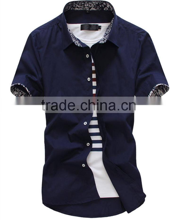 Slim light lake blue color short sleeve cotton men shirts