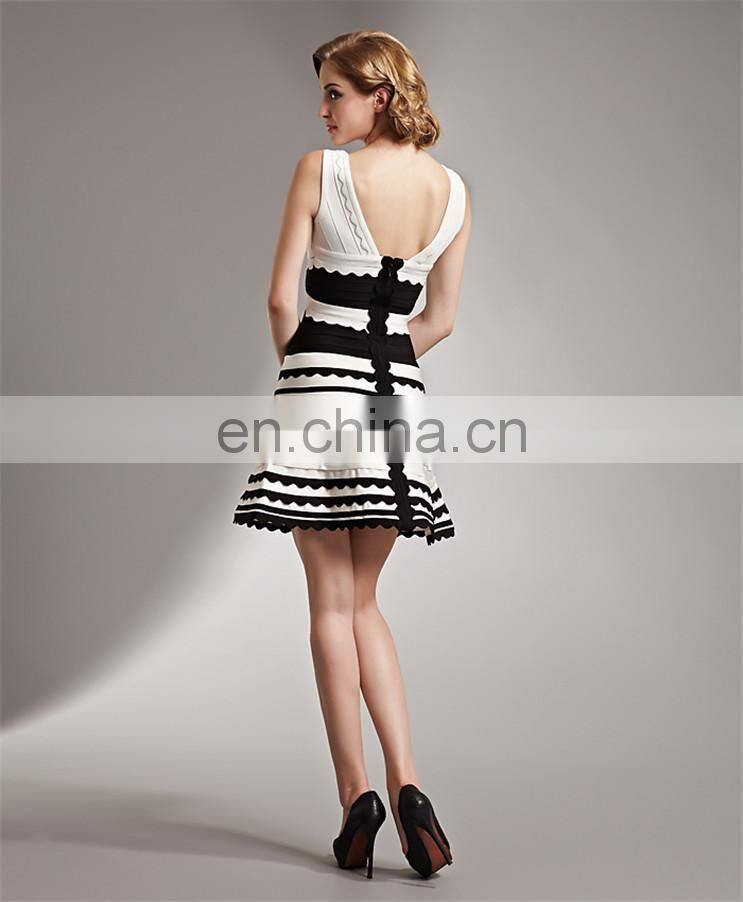 sexy deep V neck lace puffy costume black and white women in skin tight dresses