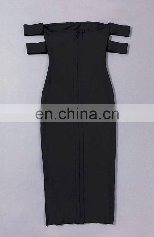 Amigo 2017 new designer sex black off-shoulder double sleeve jigh slit bandage dress long evening dresses for women party wear