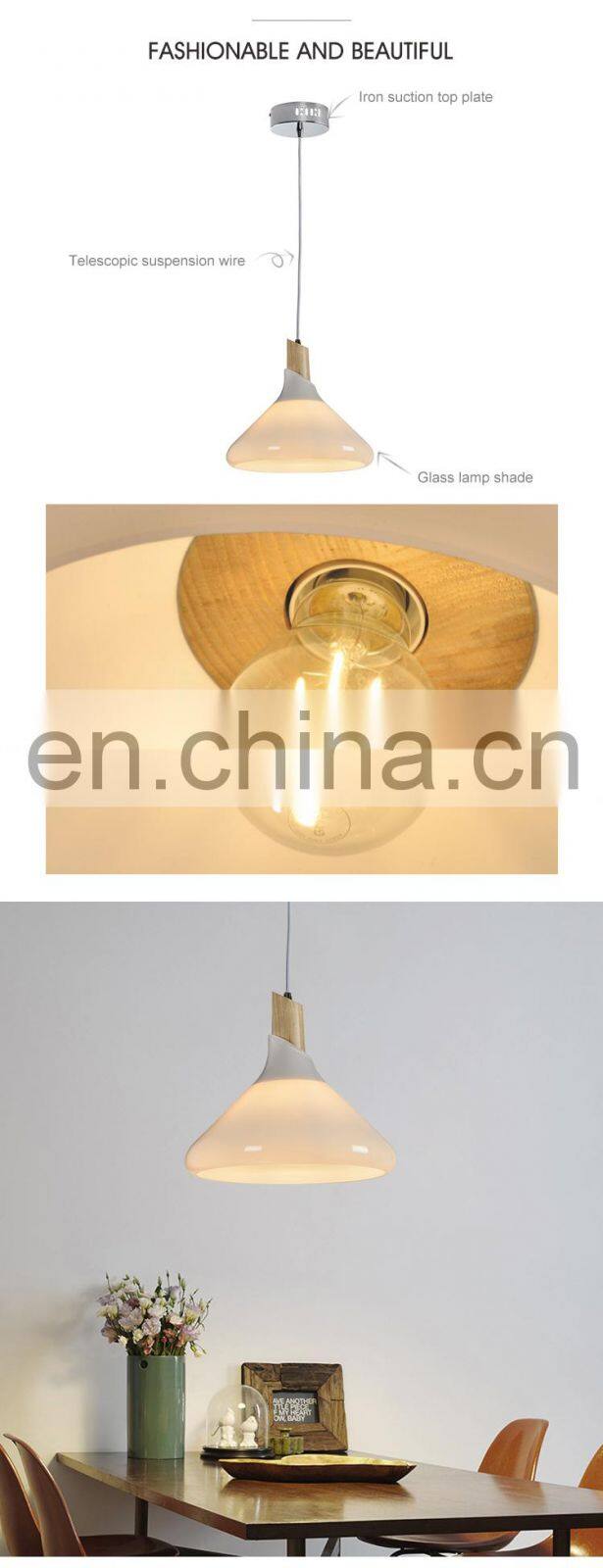 HUAYI New Design Iron Wood Glass Indoor Bedroom Living Room 60w Modern Hanging Pendant Light