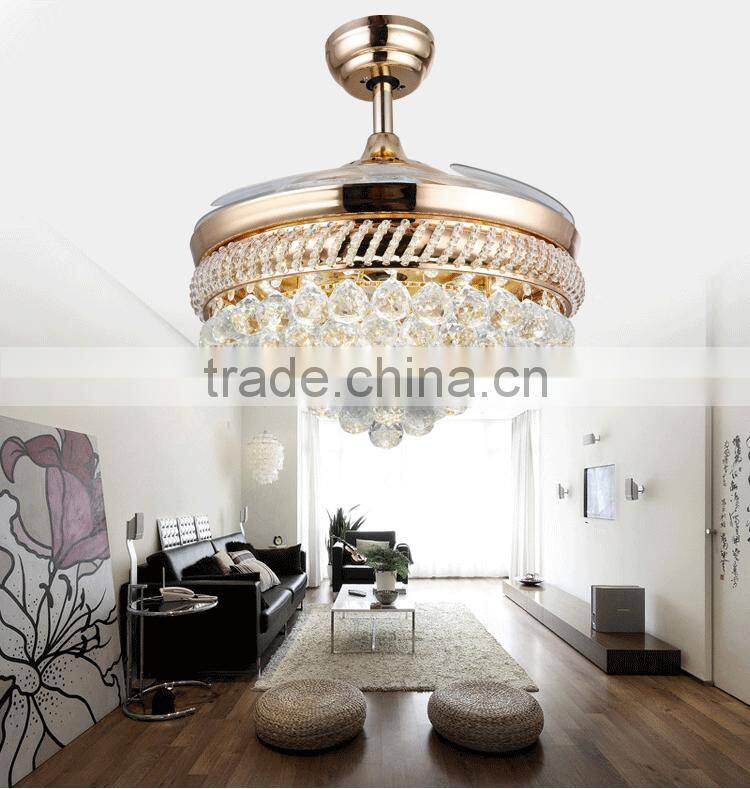 Golden 4 Blades Crystal Remote Ceiling Fans With LED Light