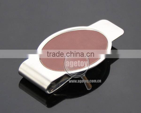 Promotional Oval Shaped Stainless Steel Metal Brown Leather Money Clip