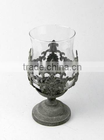 engraved metal candle holder w/hurricane glass