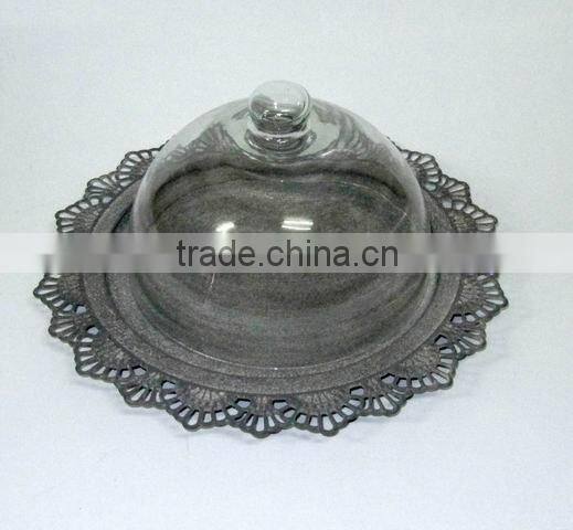 100061F-1- Antique Grey Metal and Glass Dome Holder