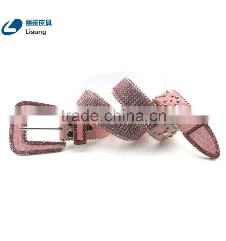 Western Cowgirl Pink Crocodile Leather Rhinestone Diamond Studded Chain Belt