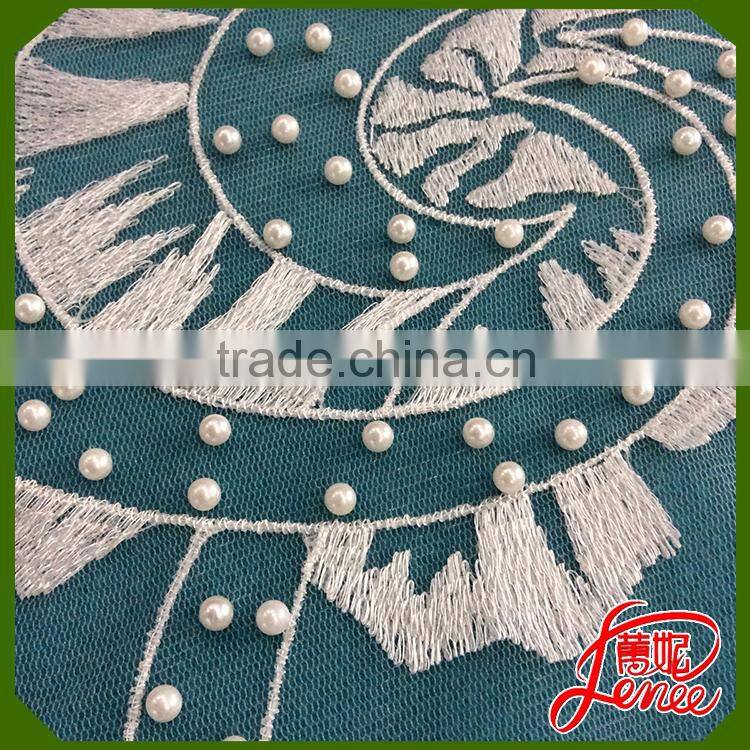 Exquisite Handmade Plain Embroidery Fabric with Pearl Beads