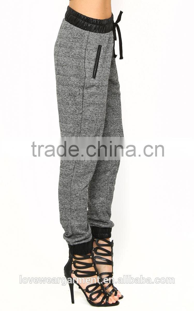 Fashion women sport jogger pants in grey with leather pocket waist
