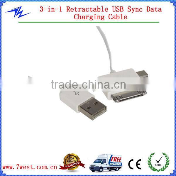 High Speed 3 IN 1 Retractable USB Cable For iPhone support IOS 8.0 /Samsung/HTC