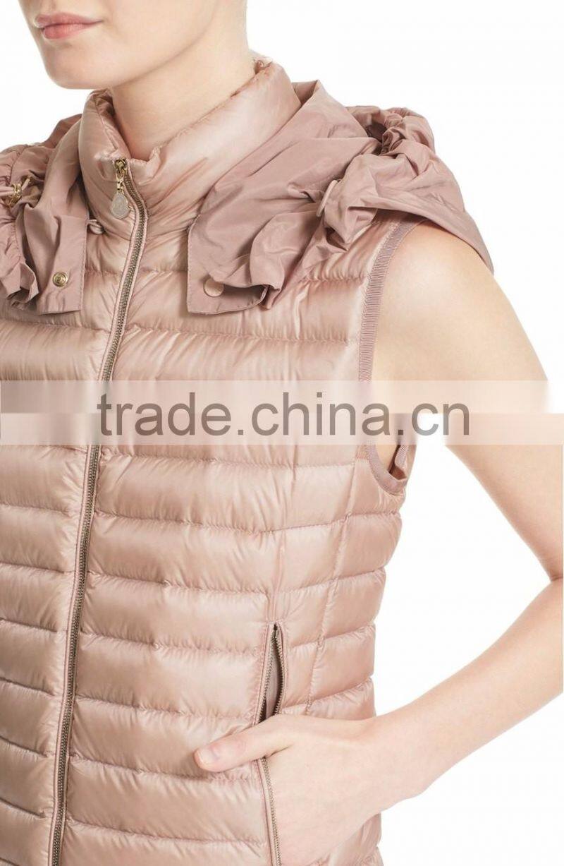 Hot Selling Newest Design Women Water Resistant Peplum Hem Hooded Down Puffer Vest